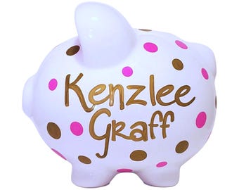 Hot Pink & gold hand painted polka dot piggy bank for girl personalized handpainted gift