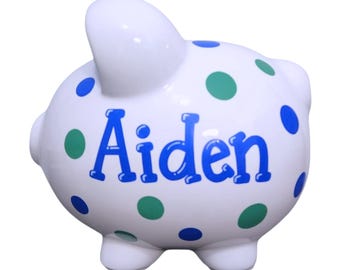 Hand-painted polka dot piggy bank for boy personalized room decor gift for baby shower toddler hand painted large ceramic coin bank