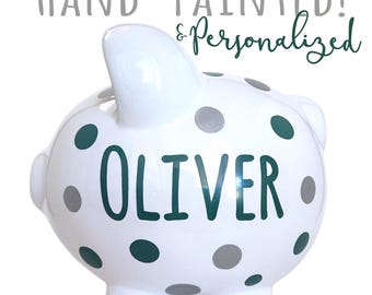 Hand painted polka dot piggy bank for boy personalized coin bank handpainted ceramic gift for baby shower decor hunter green large piggy