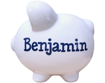 Navy Blue name hand painted piggy bank personalized gift for boy handpainted keepsake