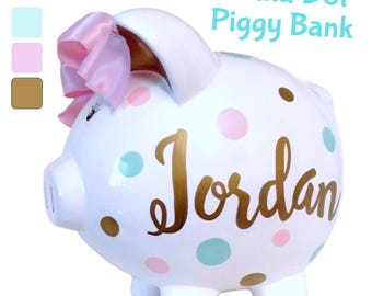 Hand painted polka dot piggy bank for girl personalized coin bank handpainted ceramic gift for baby shower decor pink gold mint large piggy