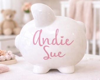Hand painted personalized piggy bank for girls dusty rose large white piggy gift for baby shower nursery room decor handpainted keepsake