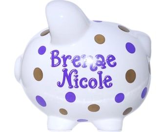 Purple & gold hand painted polka dot piggy bank for girl personalized handpainted gift