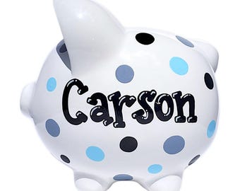 Black-Gray-Baby Blue handpainted polka dot piggy bank for boy personalized gift for child