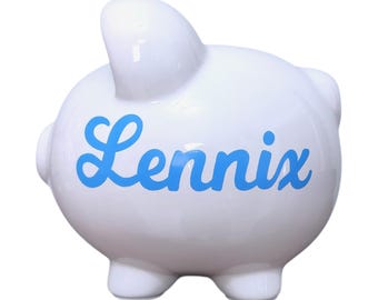 Medium blue name hand painted piggy bank personalized gift for boy handpainted keepsake