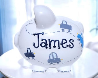 Hand Painted Cars & Trucks large piggy bank for boys Personalized Transportation gift with name keepsake for kids room or nursery navy gray
