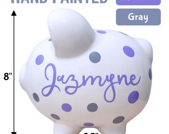 Hand painted lavender & gray polka dot piggy bank for girl personalized handpainted gift for baby shower kid toddler decor large coin bank