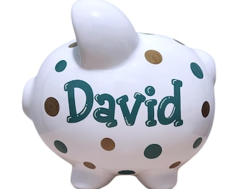 Gold & hunter green hand painted polka dot piggy bank for boy personalized handpainted gift