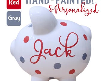 Hand-painted polka dot piggy bank room for boy personalized decor gift for baby shower toddler custom hand painted coin bank ceramic large