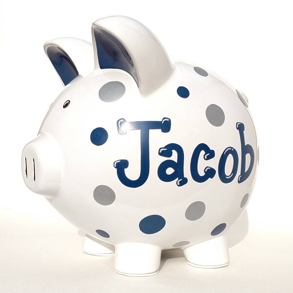 Personalized piggy bank for boy hand painted large ceramic polka dot gift for baby shower newborn nursery handpainted porcelain coin bank