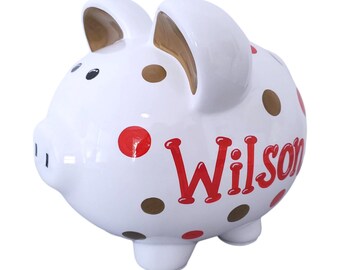 Red & Gold handpainted polka dot piggy bank for boy personalized gift for child