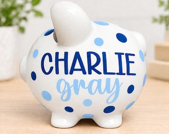 Hand-painted personalized piggy bank for boys handpainted gift for baby shower toddler preschooler custom polka dot piggybank room decor