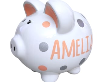 Light coral & silver hand painted polka dot piggy bank for girl personalized handpainted gift