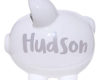 Beige name hand painted piggy bank personalized gift for boy handpainted keepsake