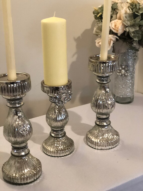 Tall Silver Bling Glass Unity Candle Holder Wedding Ceremony Candle
