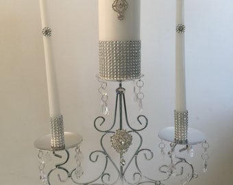 White Unity Candle Set with Tall Silver Metal Holder