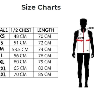 Puede incluir: Una tabla de tallas para camiseta de baloncesto con tallas de XS a 3XL, que enumera las medidas de media circunferencia de pecho y longitud en cent&iacute;metros. Dos siluetas negras de figuras con camisetas sin mangas muestran d&oacute;nde medir.