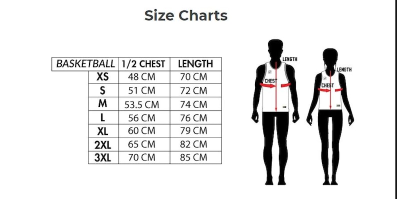 Puede incluir: Una tabla de tallas para camiseta de baloncesto con tallas de XS a 3XL, que enumera las medidas de media circunferencia de pecho y longitud en cent&iacute;metros. Dos siluetas negras de figuras con camisetas sin mangas muestran d&oacute;nde medir.