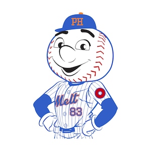 May include: A cartoon baseball mascot wearing a blue baseball cap with "PH" on the front, a blue and white striped jersey with "Melt 83" on the front, and a red circle on the right sleeve. The mascot is smiling and has a white baseball for a head.