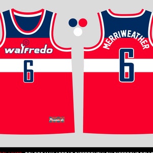 Puede incluir: Una camiseta de baloncesto roja, blanca y azul oscuro con el texto "walfredo" y el n&uacute;mero "6" en la parte delantera, y el nombre "MERRIWEATHER" junto al n&uacute;mero "6" en la parte trasera. El dise&ntilde;o incluye una franja horizontal blanca.