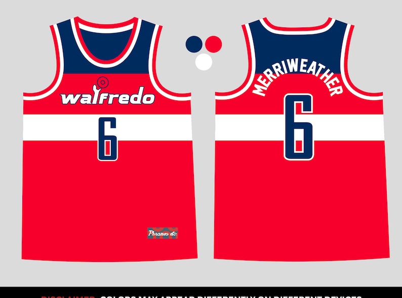 Puede incluir: Una camiseta de baloncesto roja, blanca y azul oscuro con el texto "walfredo" y el n&uacute;mero "6" en la parte delantera, y el nombre "MERRIWEATHER" junto al n&uacute;mero "6" en la parte trasera. El dise&ntilde;o incluye una franja horizontal blanca.
