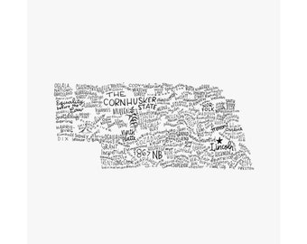 Nebraska Map, map, print, type, typography, hand lettering , lettering, Nebraska, Matte Horizontal Posters