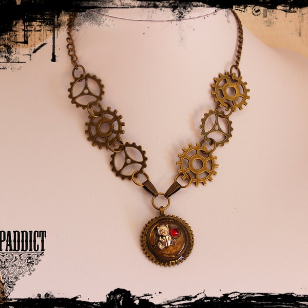 Collier  "nounours gardien du temps ", collier style steampunk, collier avec des rouages