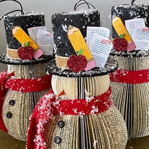 PRE-ORDER -Teacher Snowman book ornament cut from DICTIONARY• Book Christmas gift • educator • gift • winter holiday •