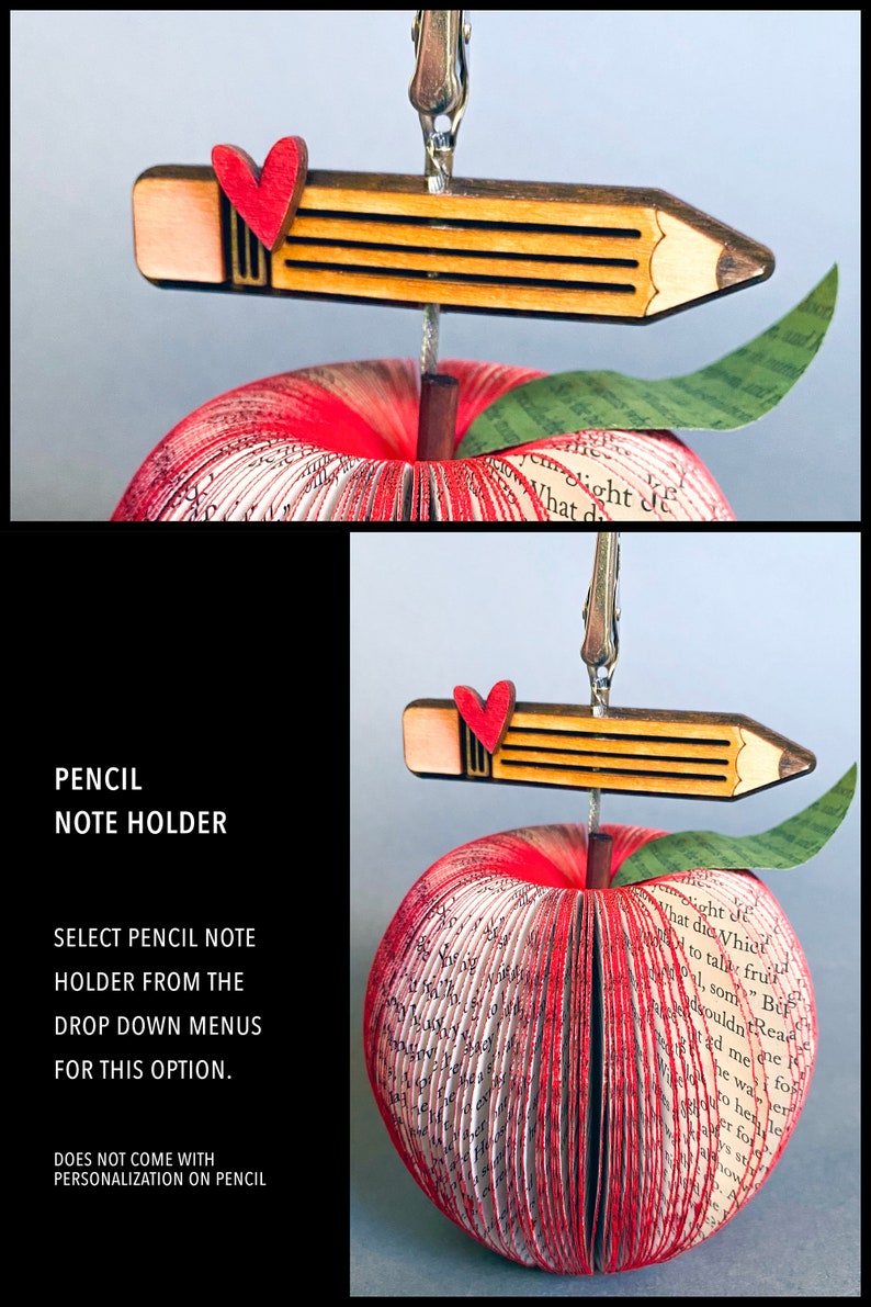 Book Page Apple end of school teacher gift teacher appreciation note holder gift card holder book club paper apple pencil w/pencil note holder