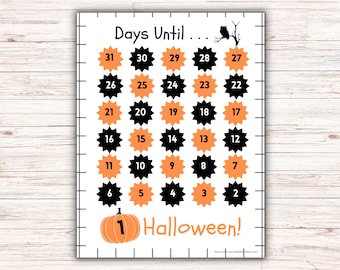 May include: A Halloween countdown calendar with a white background and a grid of starburst shapes. The numbers 1-31 are displayed in orange and black. The words "Days Until..." and "Halloween!" are at the top and bottom.