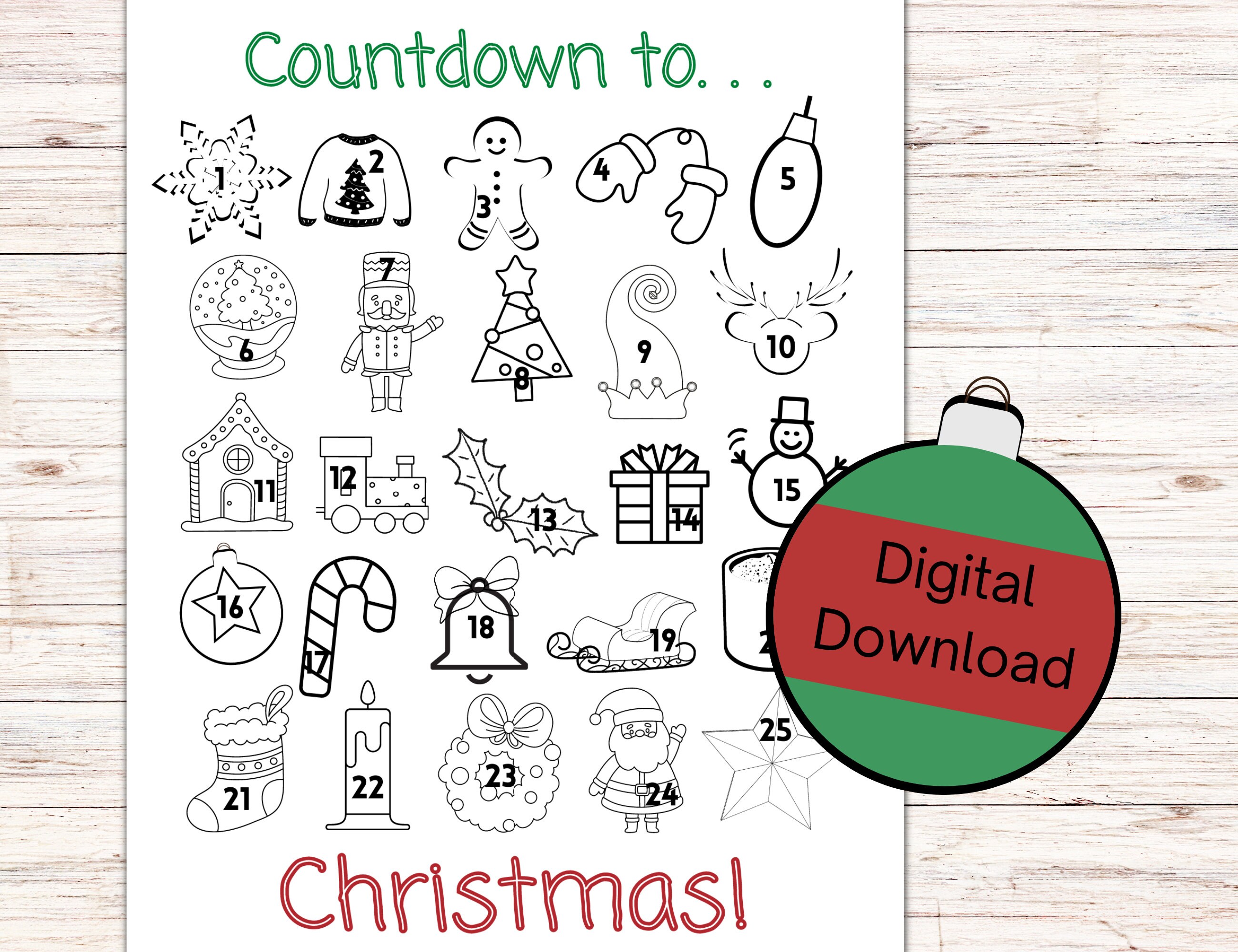 Christmas Countdown Advent Coloring Pages, Twenty-five Days Until