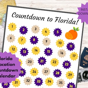 Calendario per il conto alla rovescia per le vacanze in Florida, conto alla rovescia stampabile, conto alla rovescia per le vacanze in famiglia