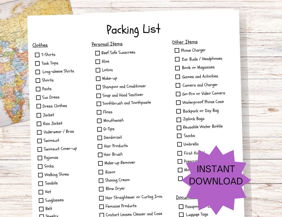Vacation Packing List, Printable Travel Planner, Travel Checklist
