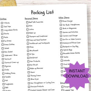 Vacation Packing List, Printable Travel Planner, Travel Checklist, Travel Organizer