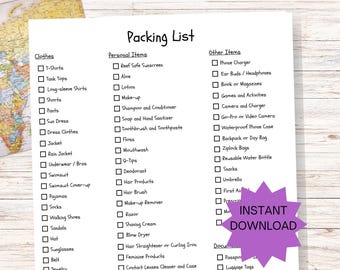 Vacation Packing List, Printable Travel Planner, Travel Checklist, Travel Organizer