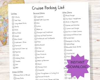 Cruise Packing List, Printable Cruise Travel Planner, Travel Checklist, Cruise Essentials