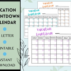 Vacation Countdown Calendar Printable, Holiday Countdown, Minimalism Calendar, Blank Calendar, Vacation Tracker