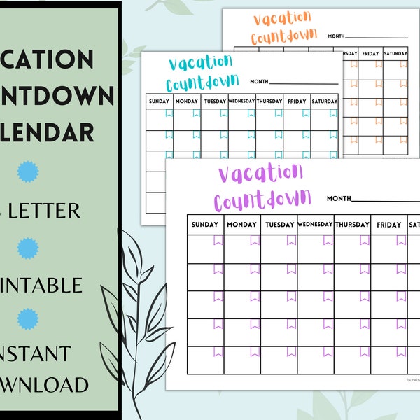 Vacation Countdown Calendar Printable, Holiday Countdown, Minimalism Calendar, Blank Calendar, Vacation Tracker