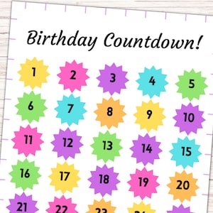 Calendario de cuenta regresiva de cumpleaños, Calendario de cuenta regresiva para niños, Cuenta regresiva de 150 días imprimible