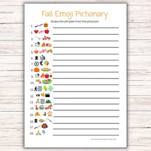 May include: A white paper with the title "Fall Emoji Pictionary" in orange, featuring a game with numbered lines and emoji clues. The game is designed to guess phrases from the pictures, perfect for fall-themed activities.