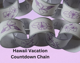 Cadena de cuenta regresiva de vacaciones en Hawái, flores moradas de Hawái, cadena de cuenta regresiva de papel de vacaciones familiares