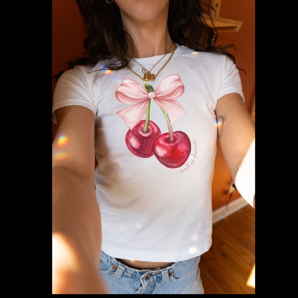 Coquette Cherries Baby Tee for women, y2k 90's Coquette Aesthetic, Coquette Clothing, Soft Girl Aesthetic, Painted Bow Cherries Shirt