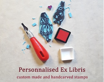 Tampón Ex Libris personalizado y gravé à la main, entorno 5 x 5 cm