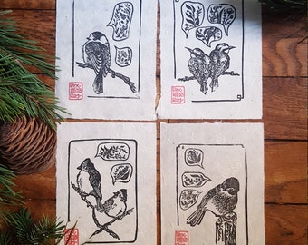 Linoimpresiones originales "Langage des oiseaux" sobre papel Lokta- Precios de cada impresión