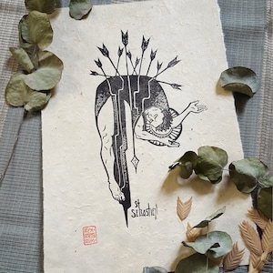 Original linoprint of Saint Sebastian, on Lokta paper- handprinted - original design