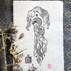 Original linoprint of Saint Roch, on Lokta paper