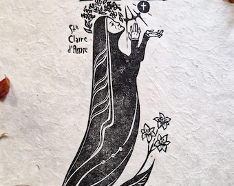 Saint Claire Linoprint sobre papel Lokta, diseño original impreso a mano