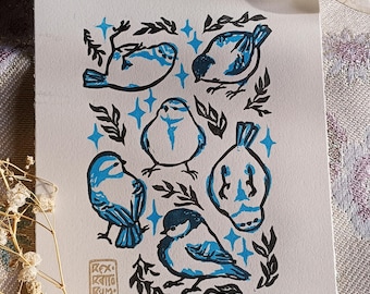 Linograbado original a dos colores "Les Mésanges" (también conocido como "¡Tetas por todas partes!") - Linograbado impreso a mano
