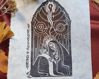 Hildegarda de Bingen Linograbado sobre papel Lokta, diseño original