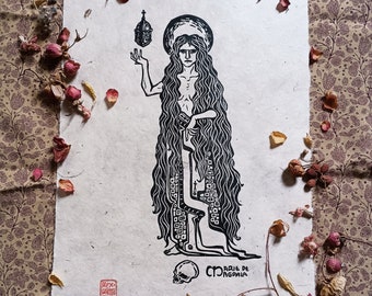 María Magdalena Linograbado, diseño original impreso a mano en papel Lokta